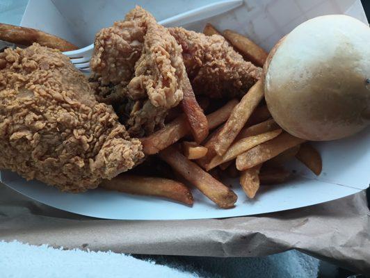 Fries were fried TWICE ,hard, and mostly hollow. Chicken was TRAGIC. Sorry y'all had to see this but at least you didn't TASTE IT.