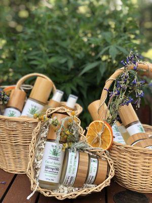 Organic beauty baskets handmade with love: arnica infused balms, eye cream with luscious Kokum butter topped with face serum and massage oil