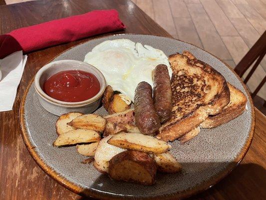 Eggs, sausage, toast and potatoes