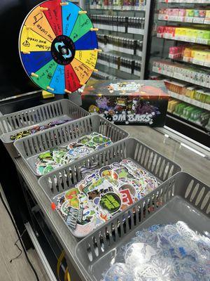 Prize Wheel: -$25 dollar minimum purchase for a spin -Yelp review for a spin. -Google review for a spin.