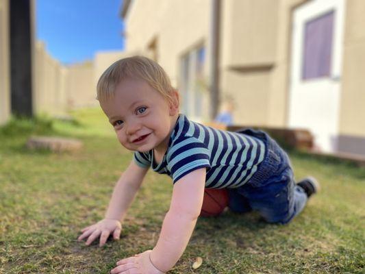 Child crawling on grass.