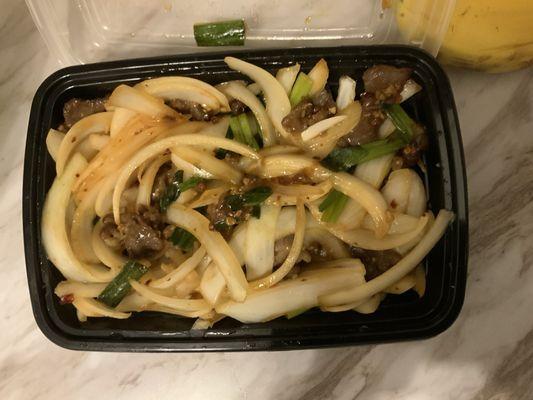 This is their take on Mongolian Beef, nothing but onions accompanied by green onions and a dusting of chewy tasteless meat.
