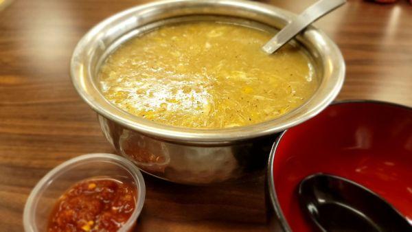 Chicken Corn Soup. Savory and filling, $11.99 for 32oz. Good option for a protein rich meal.