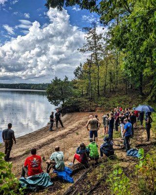 Sensei Bryan teaching martial arts at our annual dojo campout on Falls Lake.