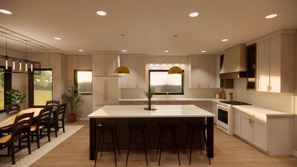 3D rendering of a kitchen and dining room our team designed.