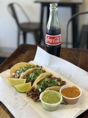 Carne asada tacos, homemade corn tortillas and salsas