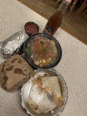 Chicken Burrito. Chips & salsa. Shrimp salad. Veggie Quesadilla. Tamarind jarritos. $42.