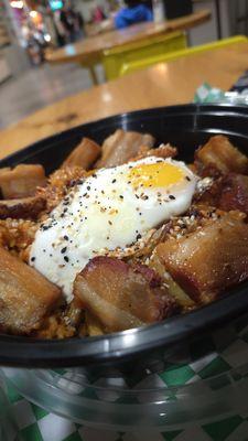Korean fried rice with pork belly.