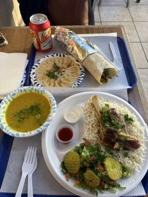 Lamb Shank, Adas soup (lentil), hummus Plate, Shawarma Beef Sandwich