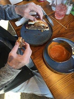 Barbecue bacon burger with tomato bisque