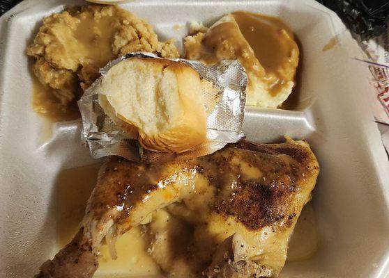Baked dark meat , mashed potatoes with gravy, dressing and soft roll.