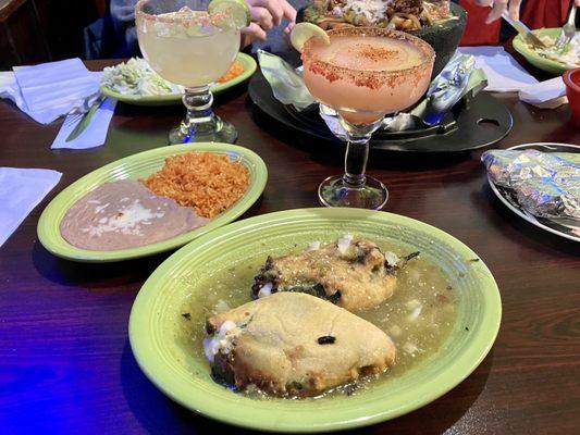Poblanos chiles, Cinco de Melón watermelon margarita (front), lime margarita (back)