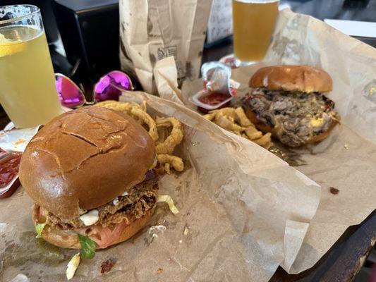 Chicken sandwich and sirloin steak sandwich.