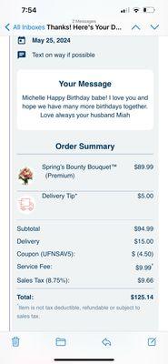 Picture of the receipt showing their multiple names and flowers never received.