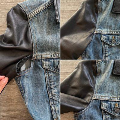 Left: hole in the armpit. Right: repaired!