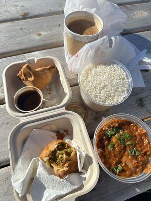 1. Samosa (2 Piece) 6. Chicken Tikka Masala with Rice 23. Masala Tea