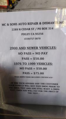 Smog Check Prices at Mc & Sons in Pixley Ca