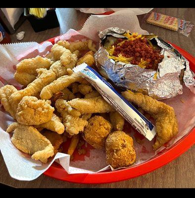 Seafood Platter with hush puppies and baked potato
