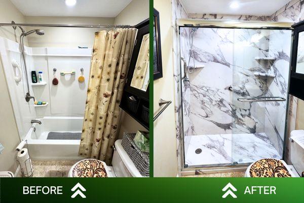 A classic bathtub and shower combo was transformed into a sleek, modern walk-in shower by ProEdge Bath Systems