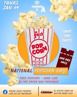 You can't miss this! FREE POPCORN on National Popcorn day, JAN 19.
mannsparkplazacinema.com for tickets and seats.