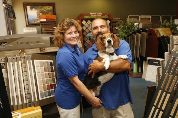 Owners-Colleen Stafford and Charles Saavedra with their salesdog Abbigail!!! Come in and Abbigail will greet you at the door!