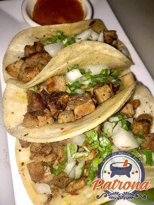 Tacos al pastor. With your choice of low, medium or hot salsa!