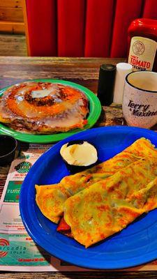 Bacon and cheddar crepes , cinnamon pancakes , coffee