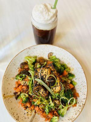 Teriyaki Tofu Bowl Maple Vanilla Cold Brew