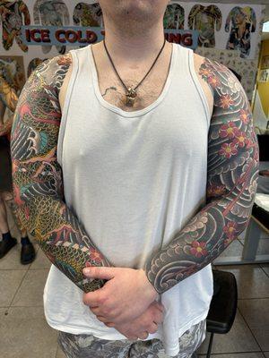 Healed sleeves. Wind and blossoms(left arm) dragon and water(right arm)