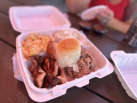 Combo - pulled pork, chicken, Mac and cheese , potato Salad