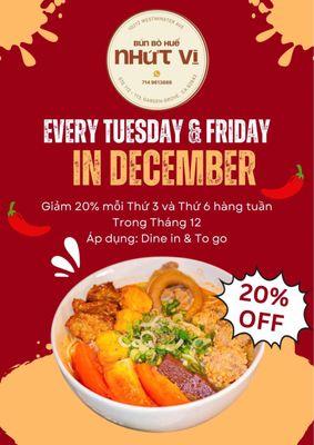 Discount 20%/ bill on Tuesday and Friday in December
Valid : Dine in & Togo