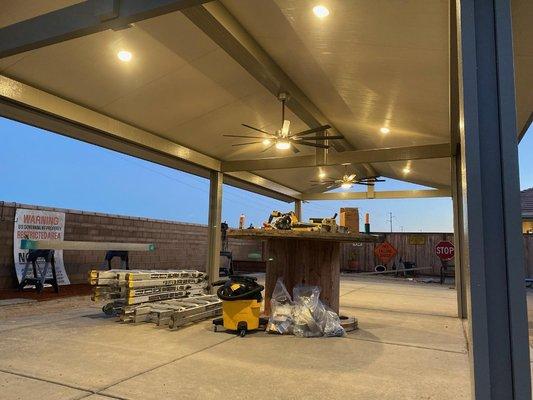 Insulated Patio cover with LED lights and fans