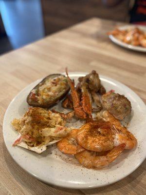 Loaded potato, crab, steamed shrimp, stuffed shrimp,