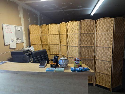 Office area with complimentary snacks