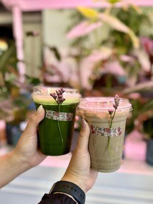 Matcha cold brew, hojicha latte