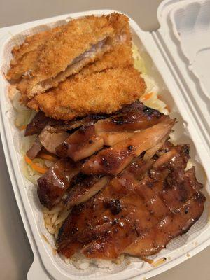 half katsu half teriyaki chicken plate. pretty good! and reasonably priced at around $14 i think? something like that. low teens.