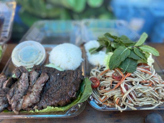 Steak (medium) and prohok, and bok lahong (papaya salad)