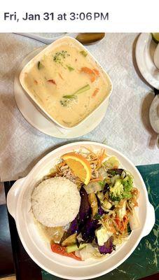Coconut, vegetable soup. Eggplant dish.