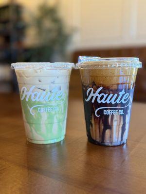 Pistachio Latte & Roasted Hazelnut w/Mocha Drizzle Dalgona