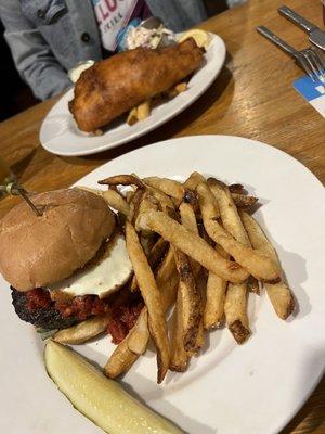 Fish and chips, godfather burger.