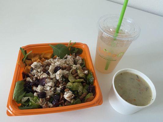 Fall 2022 seasonal menu: roasted autumn salad, chicken potpie soup, pink lemonade