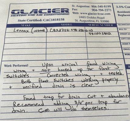 This is the receipt from the second A/C company documenting that the float switch wires were not attached.