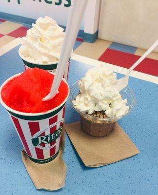 Italian ice and chocolate custard with whipped cream