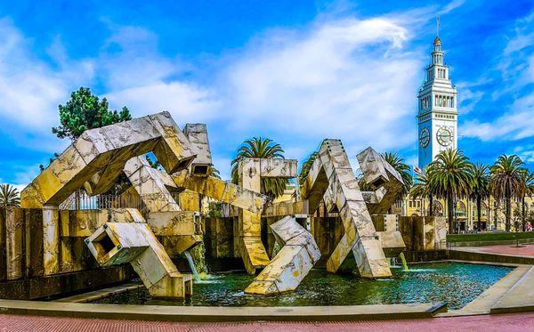 Vaillancourt Fountain with the Ferry Building in the Background