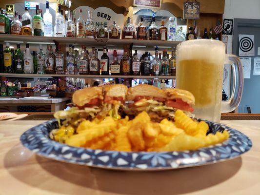Bacon cheese burger, fries and beer