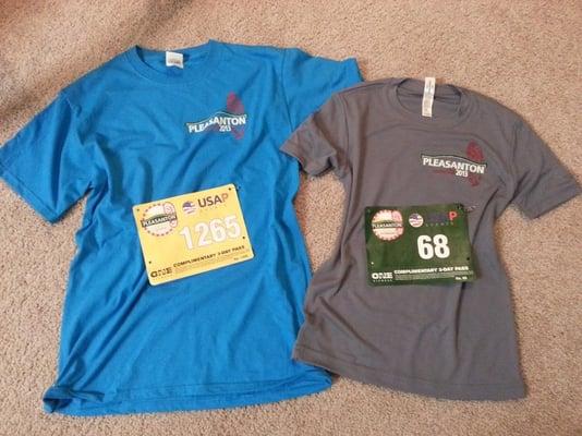 Left: Steve's 5k TShirt and Bib. Right: My Half Marathon TShirt and Bib