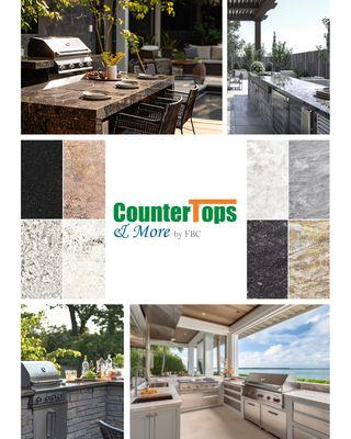 Collage showcasing a variety of outdoor kitchen layouts and stone options available at Countertops and More.