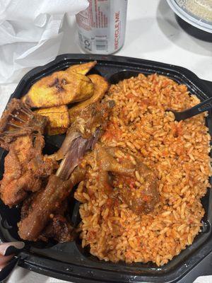 Stew chicken, plantains & jollof rice.