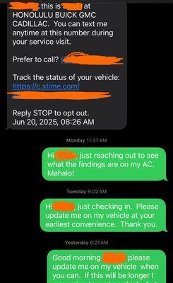 Text message thread of Honolulu Cadillac ghosting me.