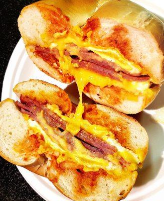 Shake Hands with Taylor Ham, Egg, & Cheese Bagel Sandwich!! FluffyMeatyEggyCheesy !!